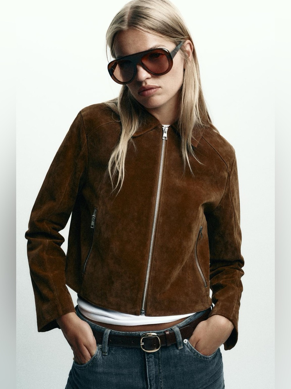 Zara Whiskey Brown 100% Suede Leather Short Jacket L NWT